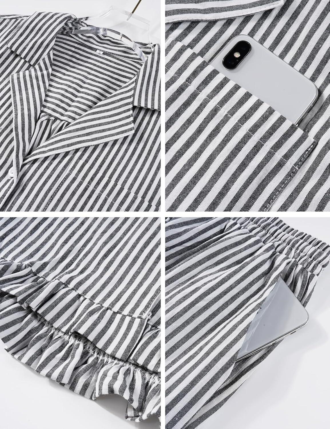 imageFlygo Womens Striped Pajama Sets 2 Piece Cotton Lounge Sets Button Down Top Straight Leg Pants with Pockets Y2K Pj SleepwearBlack