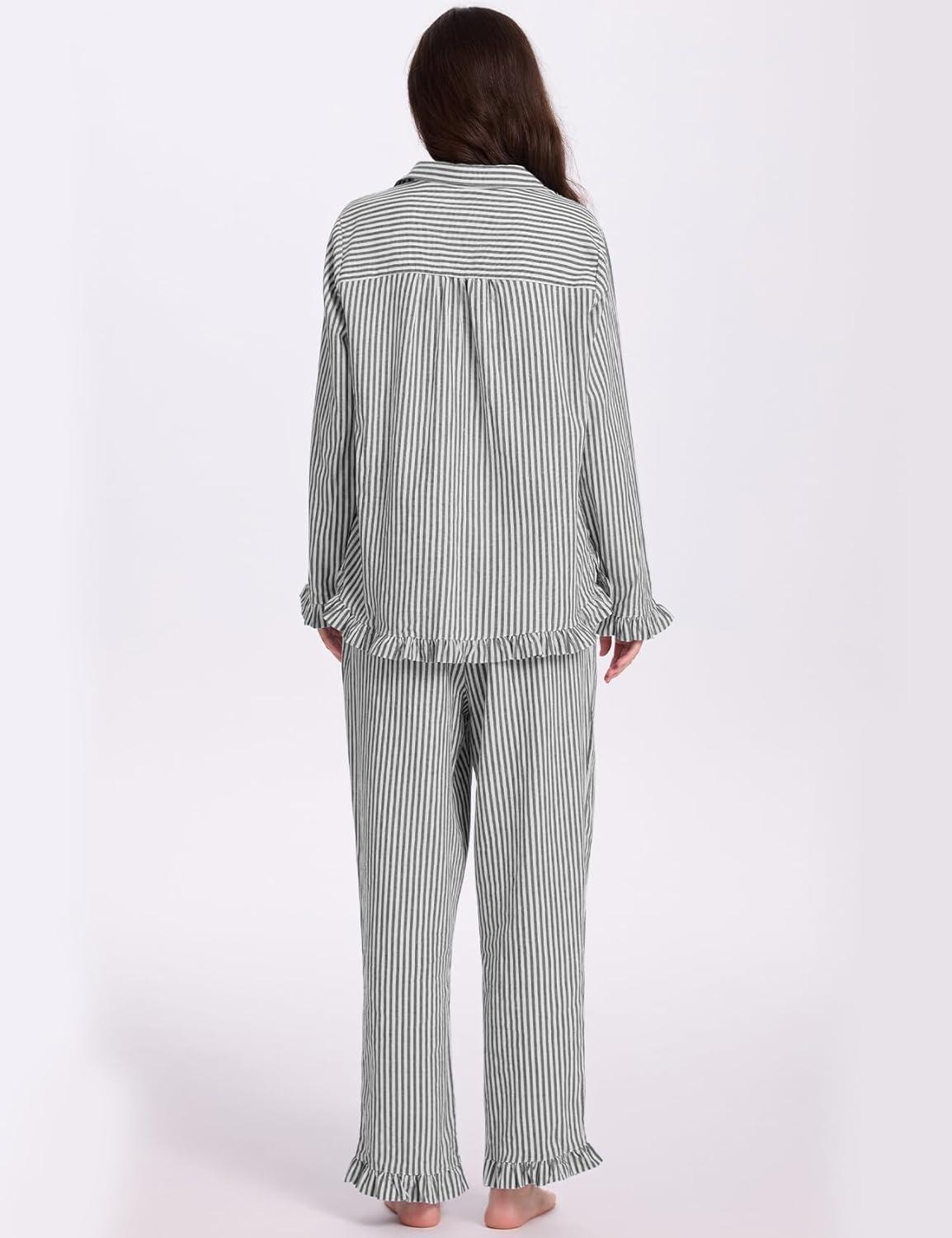 imageFlygo Womens Striped Pajama Sets 2 Piece Cotton Lounge Sets Button Down Top Straight Leg Pants with Pockets Y2K Pj SleepwearBlack