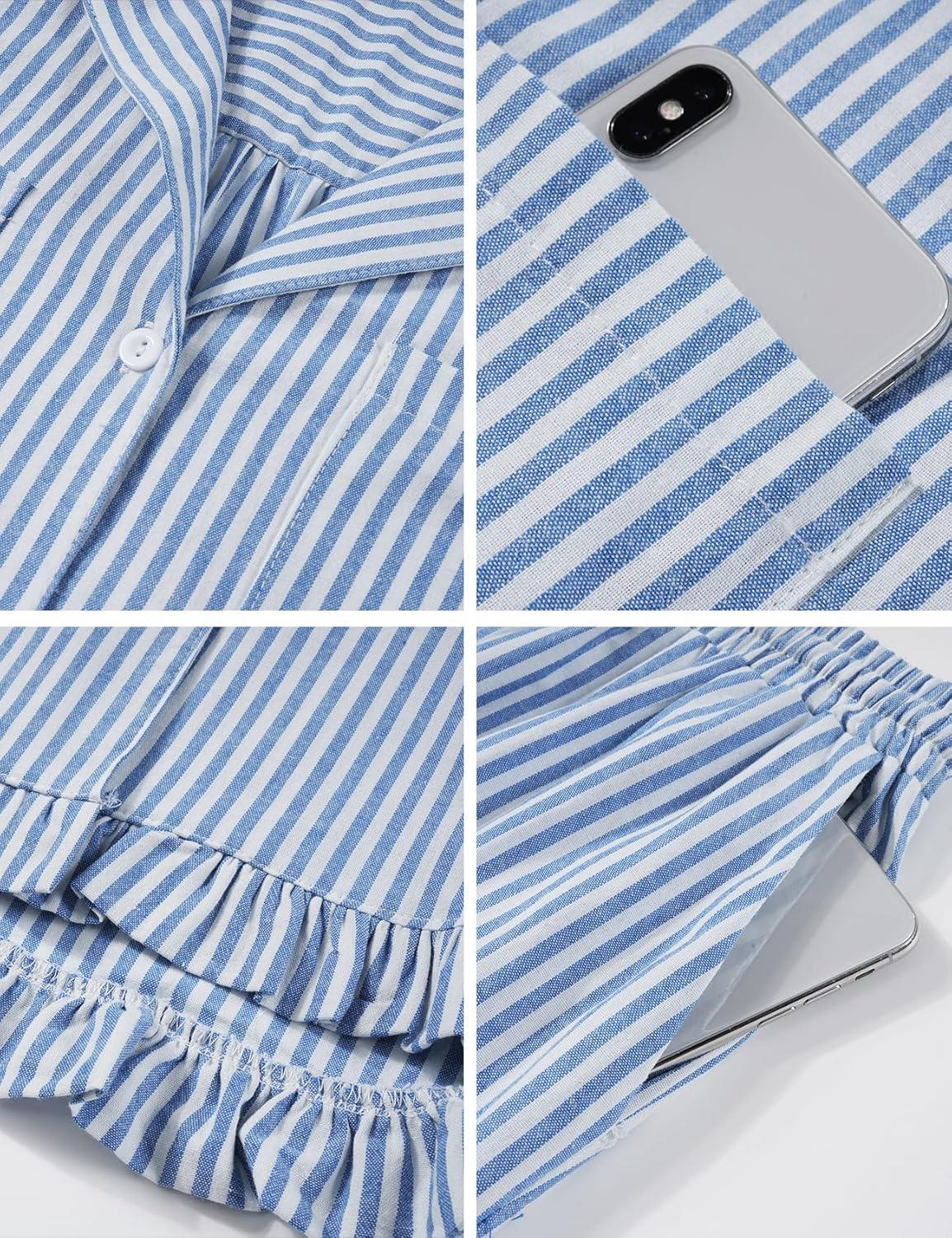 imageFlygo Womens Striped Pajama Sets 2 Piece Cotton Lounge Sets Button Down Top Straight Leg Pants with Pockets Y2K Pj SleepwearBlue