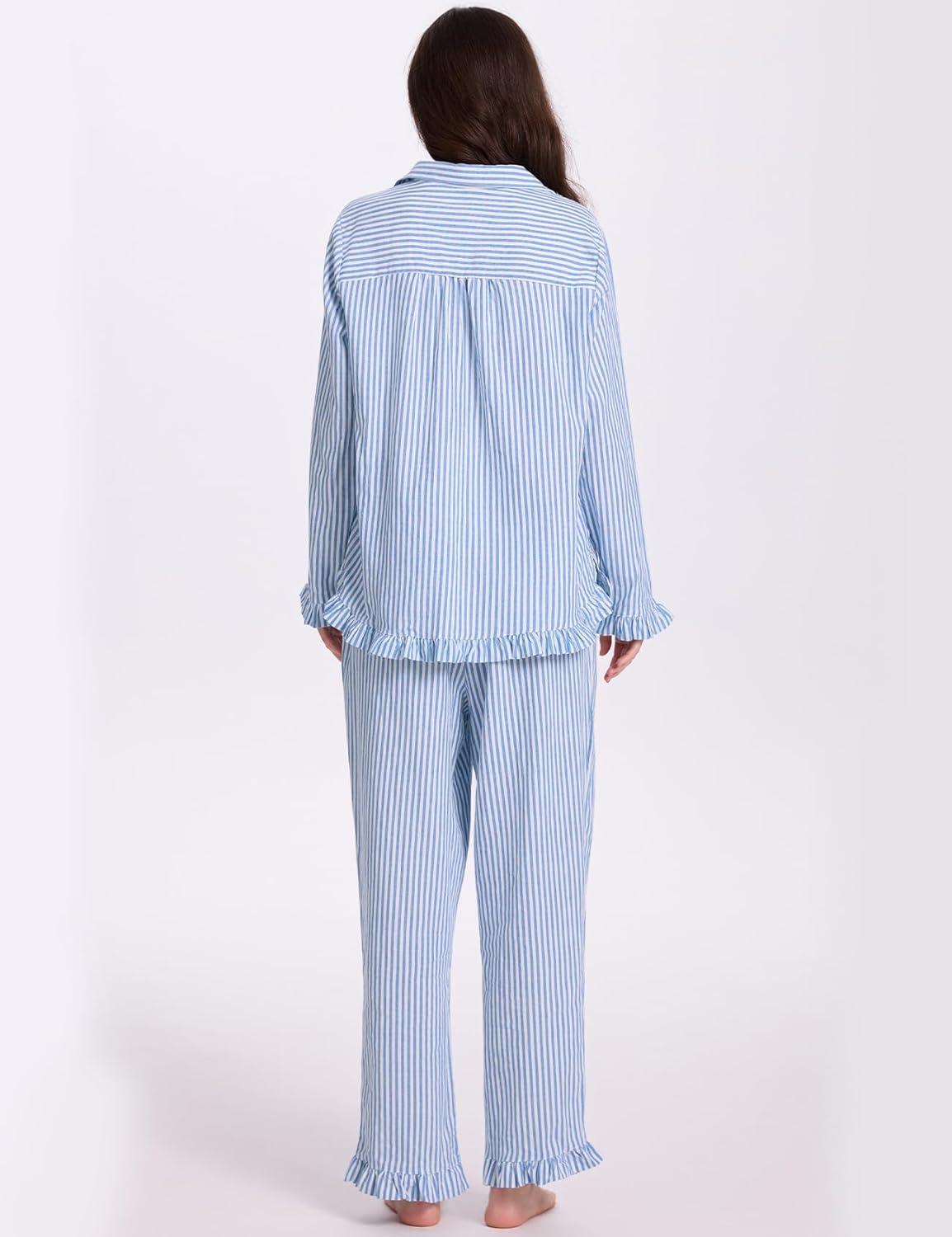 imageFlygo Womens Striped Pajama Sets 2 Piece Cotton Lounge Sets Button Down Top Straight Leg Pants with Pockets Y2K Pj SleepwearBlue