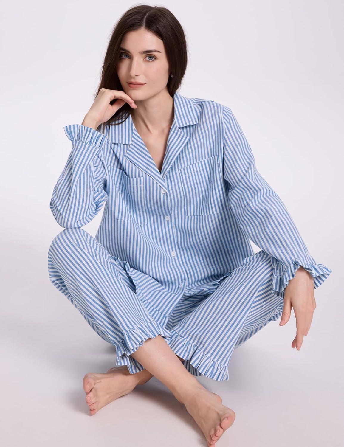 imageFlygo Womens Striped Pajama Sets 2 Piece Cotton Lounge Sets Button Down Top Straight Leg Pants with Pockets Y2K Pj SleepwearBlue