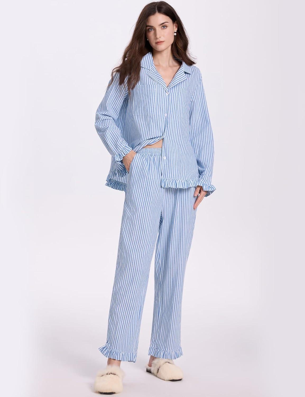 imageFlygo Womens Striped Pajama Sets 2 Piece Cotton Lounge Sets Button Down Top Straight Leg Pants with Pockets Y2K Pj SleepwearBlue