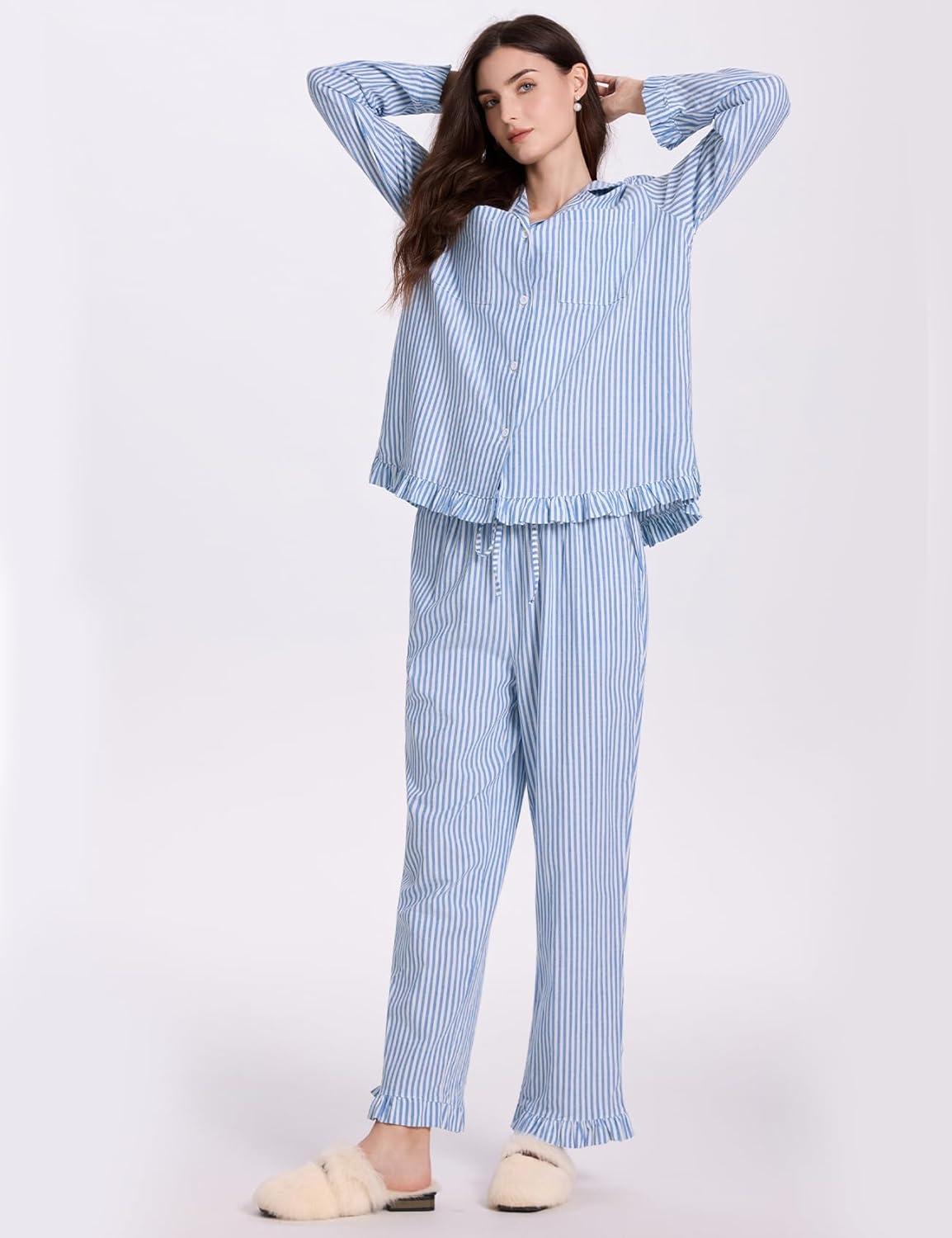 imageFlygo Womens Striped Pajama Sets 2 Piece Cotton Lounge Sets Button Down Top Straight Leg Pants with Pockets Y2K Pj SleepwearBlue