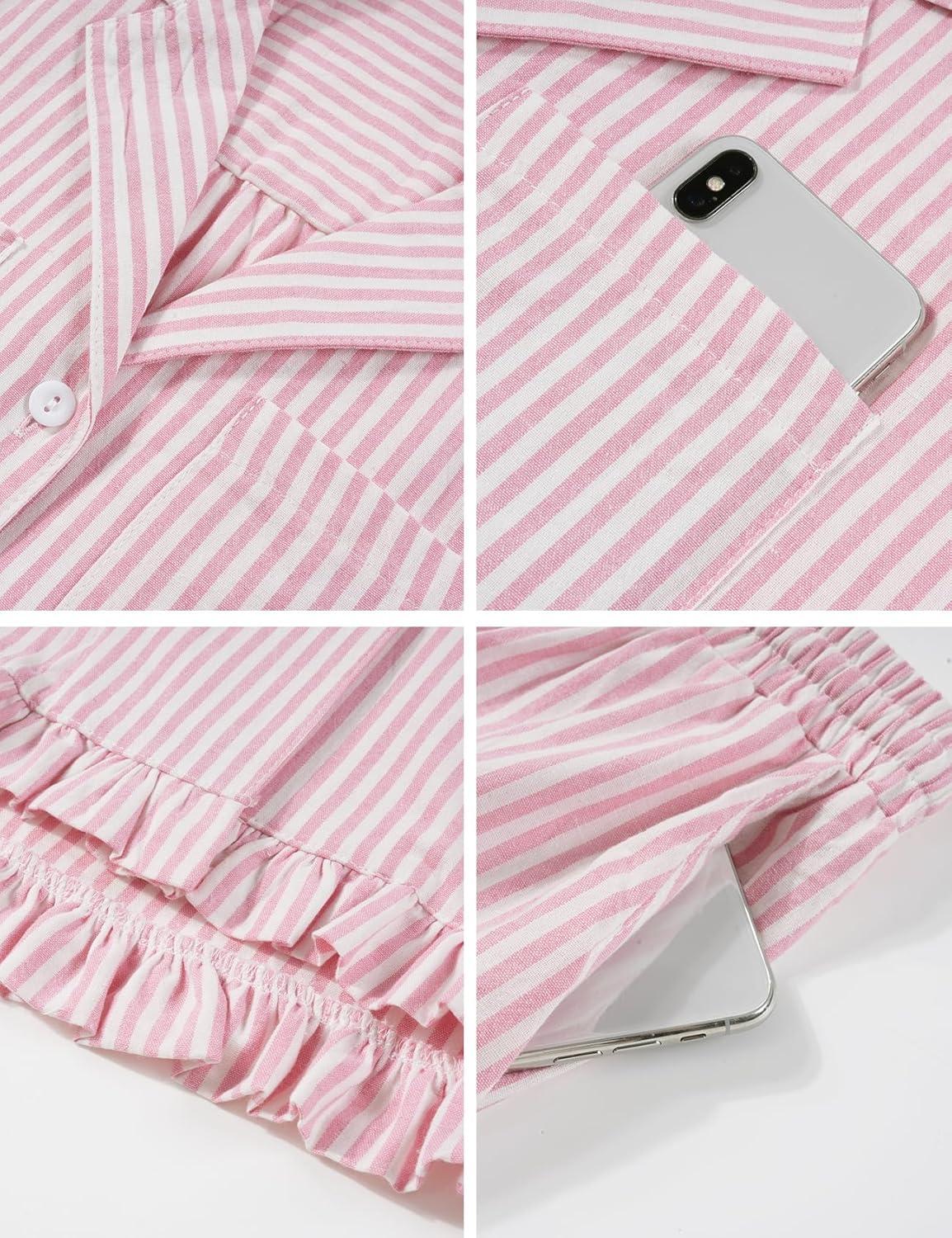 imageFlygo Womens Striped Pajama Sets 2 Piece Cotton Lounge Sets Button Down Top Straight Leg Pants with Pockets Y2K Pj SleepwearPink