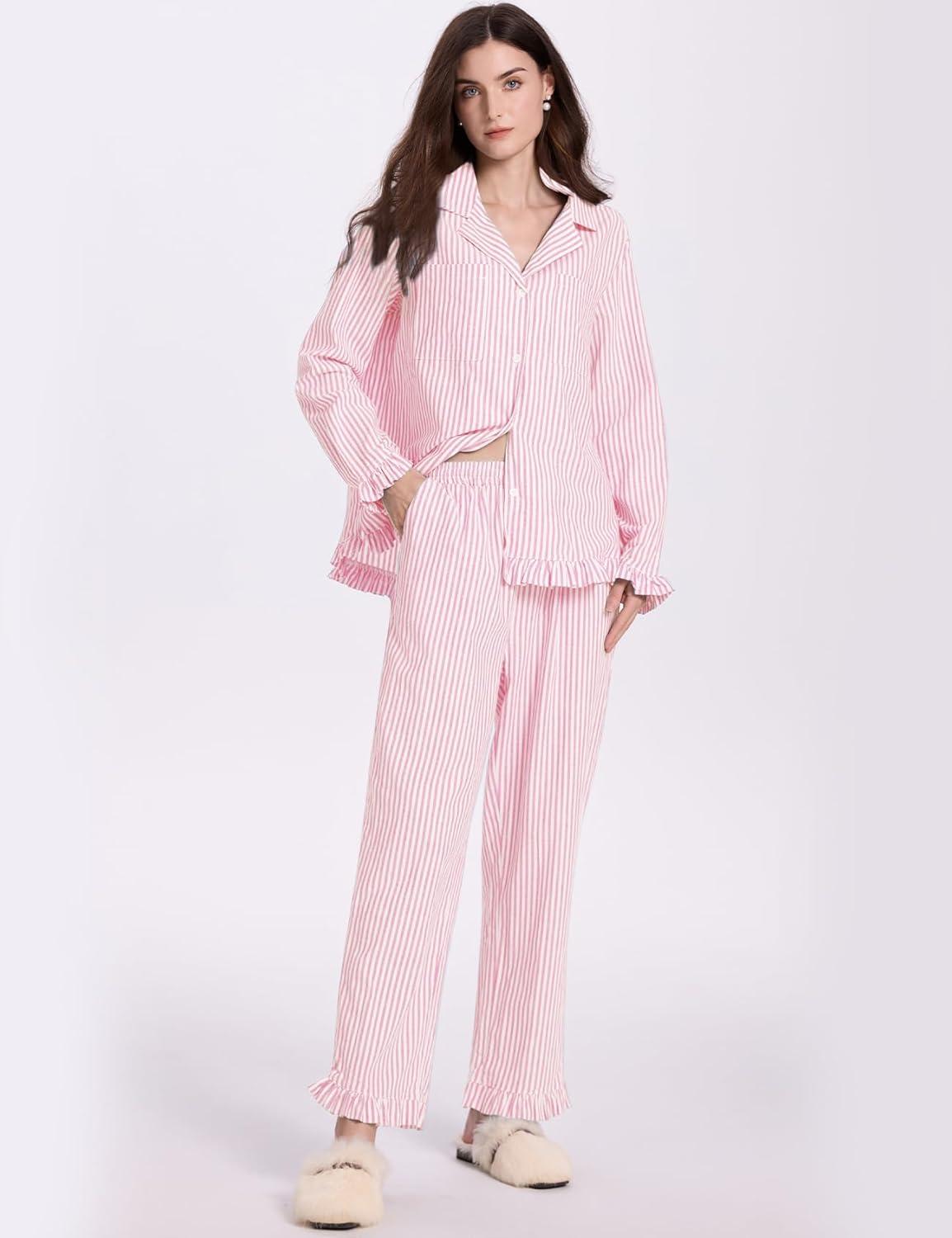 imageFlygo Womens Striped Pajama Sets 2 Piece Cotton Lounge Sets Button Down Top Straight Leg Pants with Pockets Y2K Pj SleepwearPink