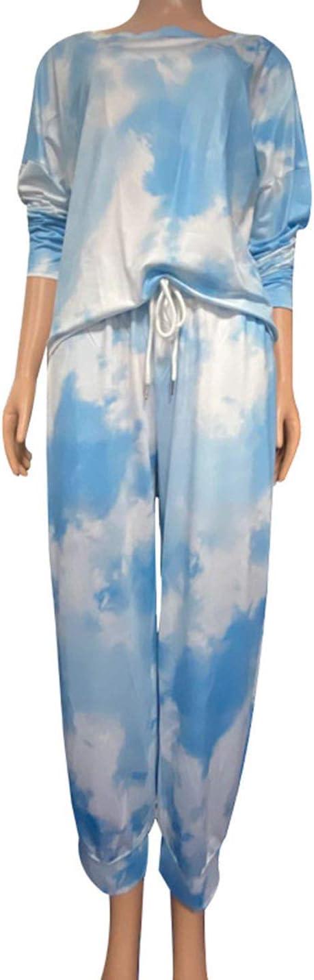 imageFlygo Womens Two Piece Pajamas Tie Dye Printed Long Sleeve Tops and Pants Joggers Sleepwear PJ Sets Nightwear LoungewearCyan