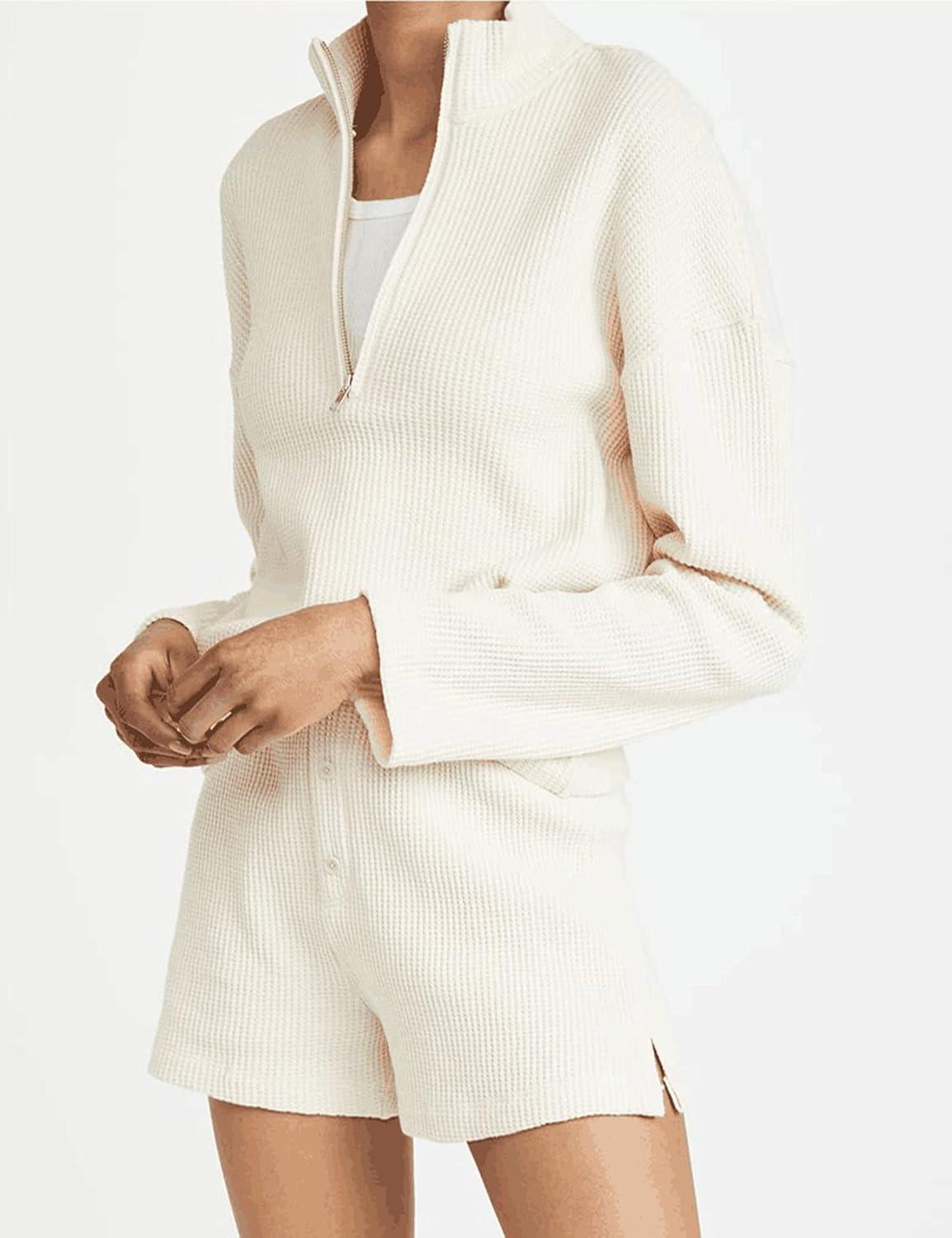 imageFlygo Womens Waffle Knit Pajama Set Long Sleeve Tops and Shorts Matching Lounge Set Loungewear SweatsuitApricot