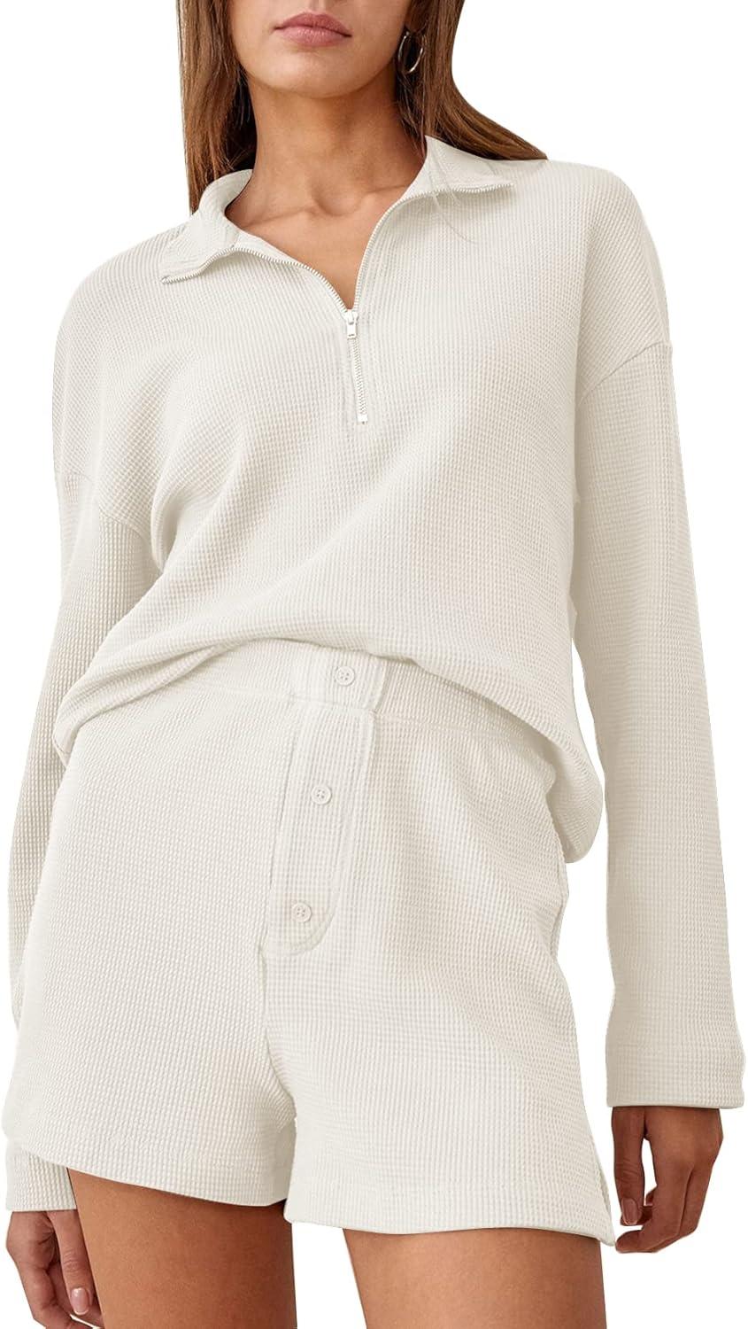 imageFlygo Womens Waffle Knit Pajama Set Long Sleeve Tops and Shorts Matching Lounge Set Loungewear SweatsuitApricot