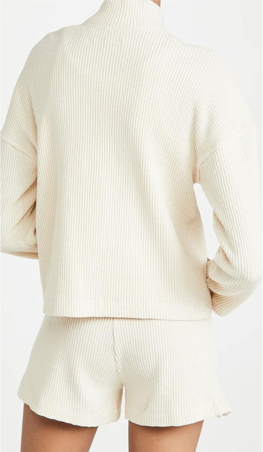 imageFlygo Womens Waffle Knit Pajama Set Long Sleeve Tops and Shorts Matching Lounge Set Loungewear SweatsuitApricot