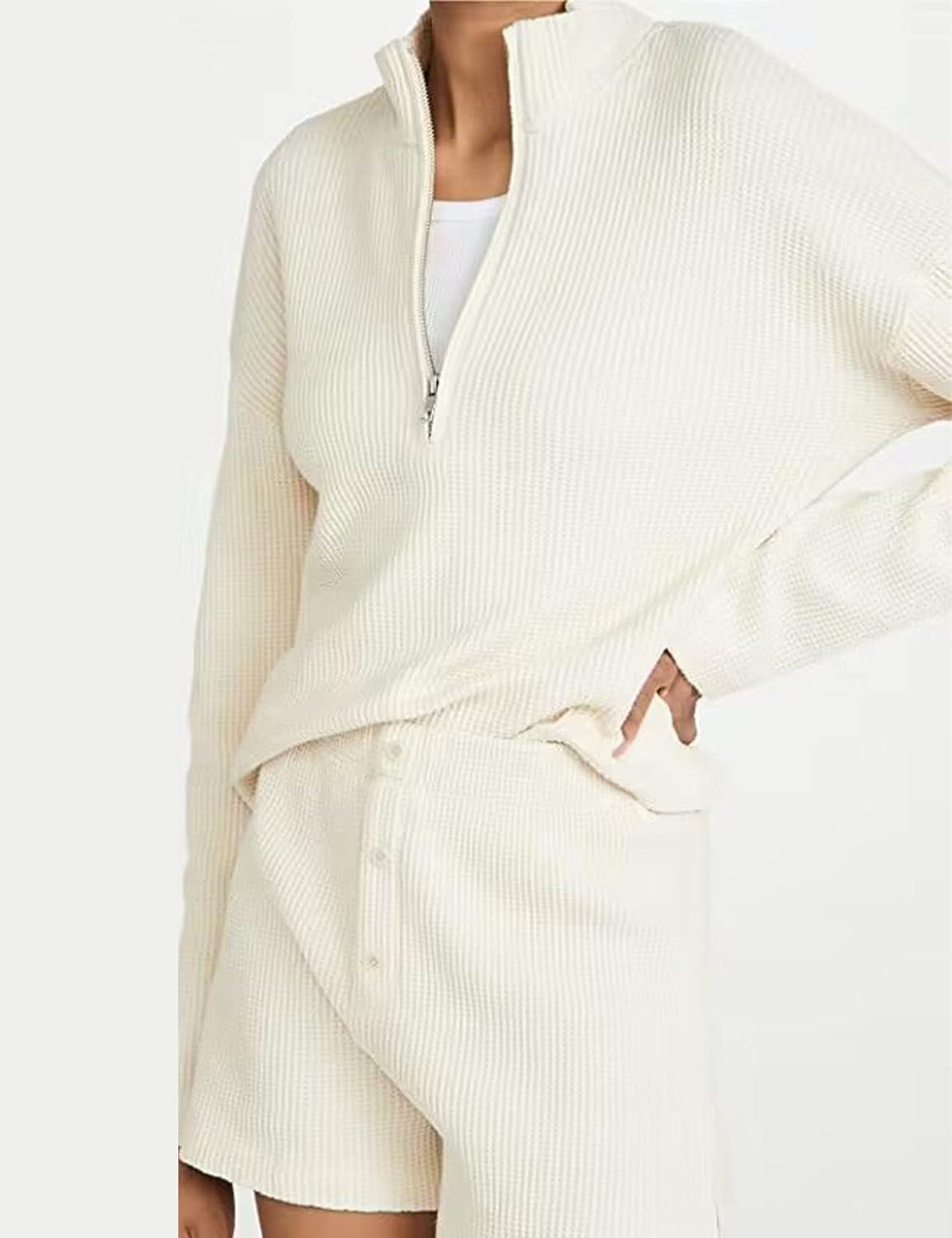 imageFlygo Womens Waffle Knit Pajama Set Long Sleeve Tops and Shorts Matching Lounge Set Loungewear SweatsuitApricot