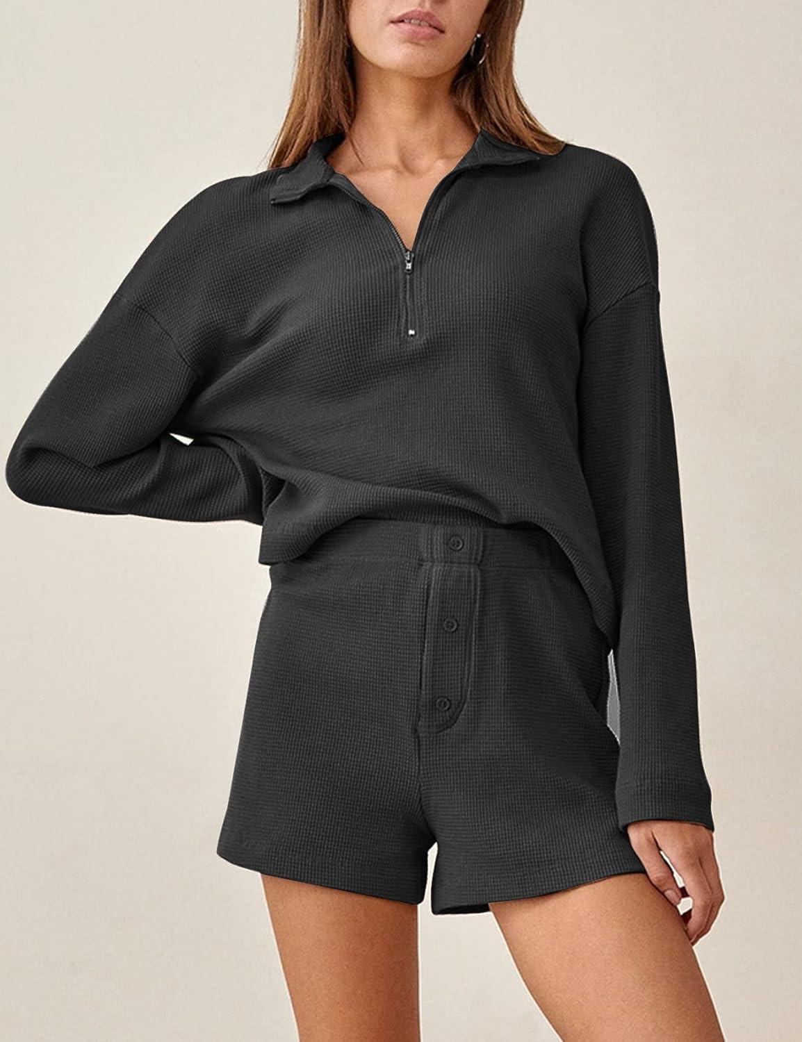 imageFlygo Womens Waffle Knit Pajama Set Long Sleeve Tops and Shorts Matching Lounge Set Loungewear SweatsuitBlack