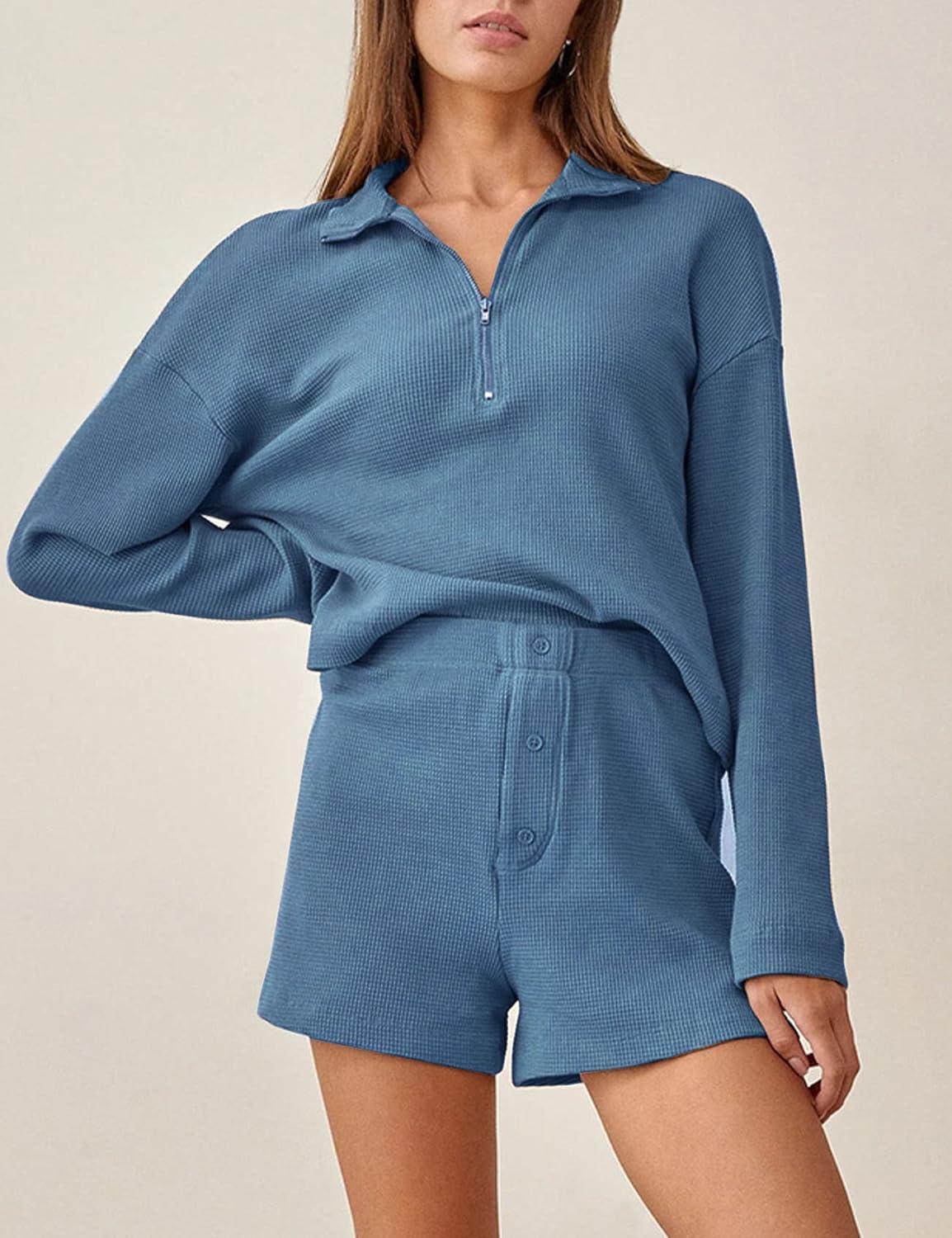 imageFlygo Womens Waffle Knit Pajama Set Long Sleeve Tops and Shorts Matching Lounge Set Loungewear SweatsuitBlue