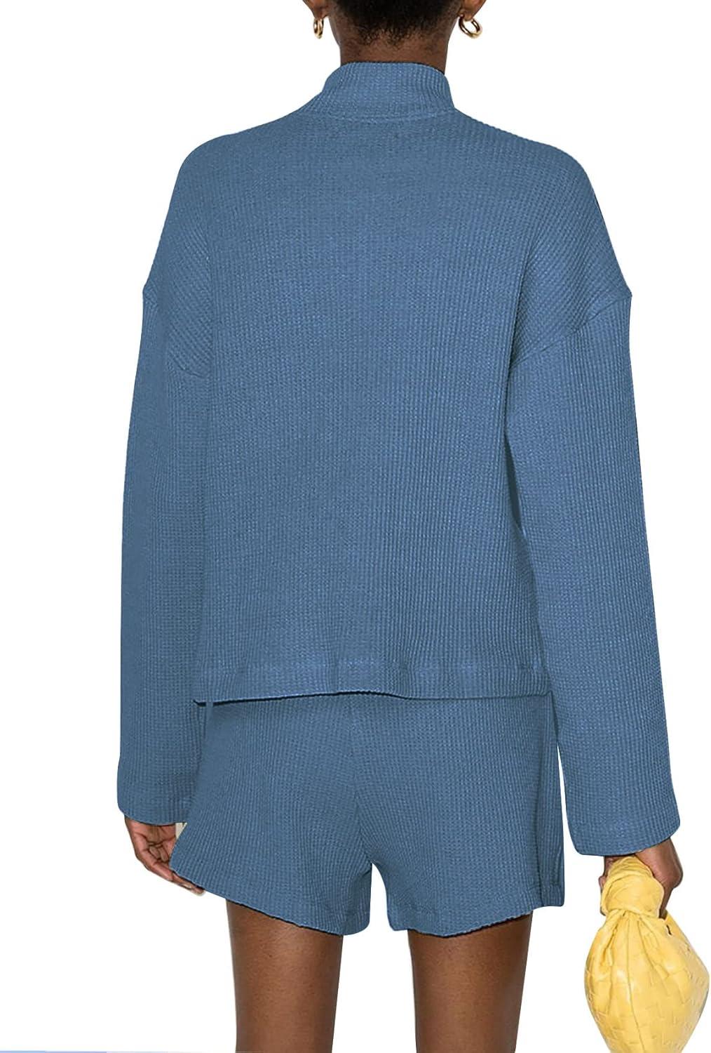 imageFlygo Womens Waffle Knit Pajama Set Long Sleeve Tops and Shorts Matching Lounge Set Loungewear SweatsuitBlue