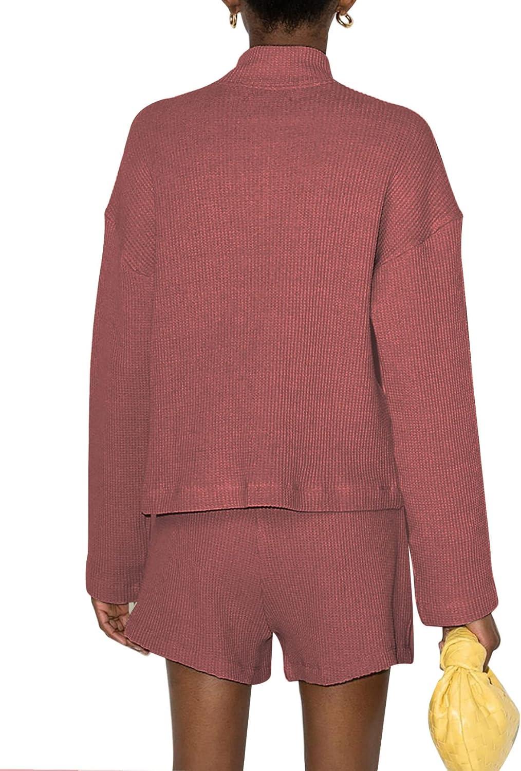 imageFlygo Womens Waffle Knit Pajama Set Long Sleeve Tops and Shorts Matching Lounge Set Loungewear SweatsuitBrickred