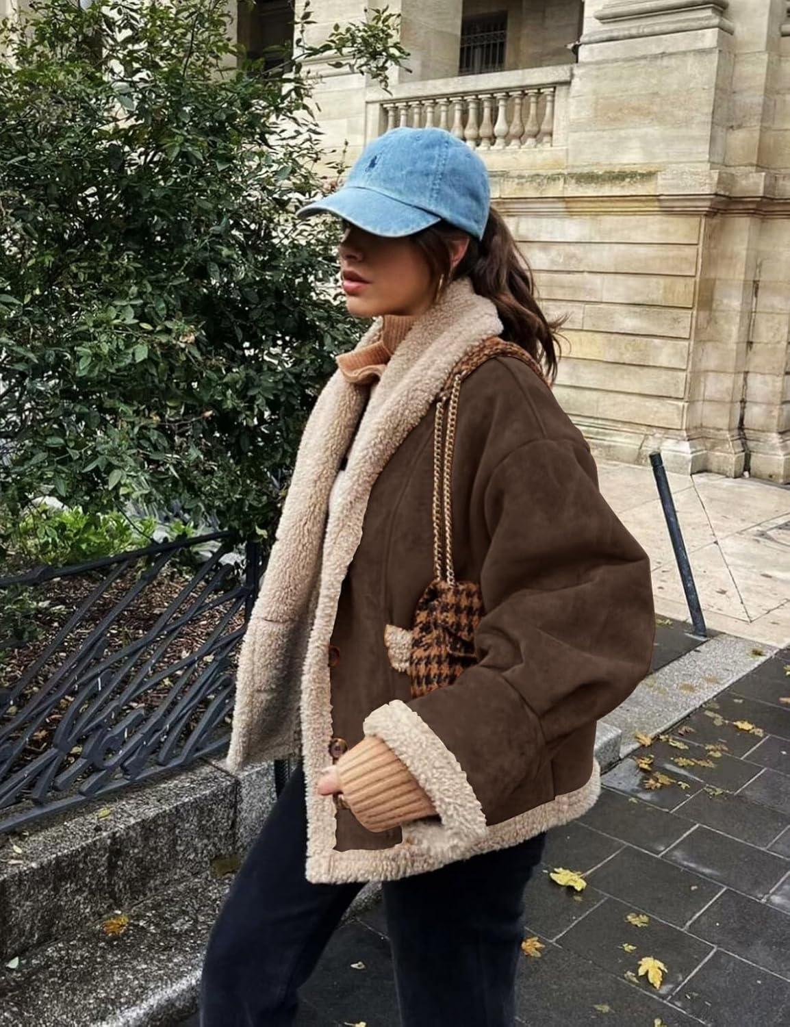 imageFlygo Womens Winter Faux Suede Jacket Sherpa Lined Jacket Button Down Lapel Fleece Jacket Winter Coats with PocketsCoffeeS