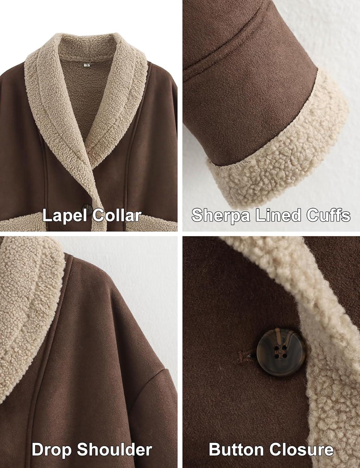imageFlygo Womens Winter Faux Suede Jacket Sherpa Lined Jacket Button Down Lapel Fleece Jacket Winter Coats with PocketsCoffeeS