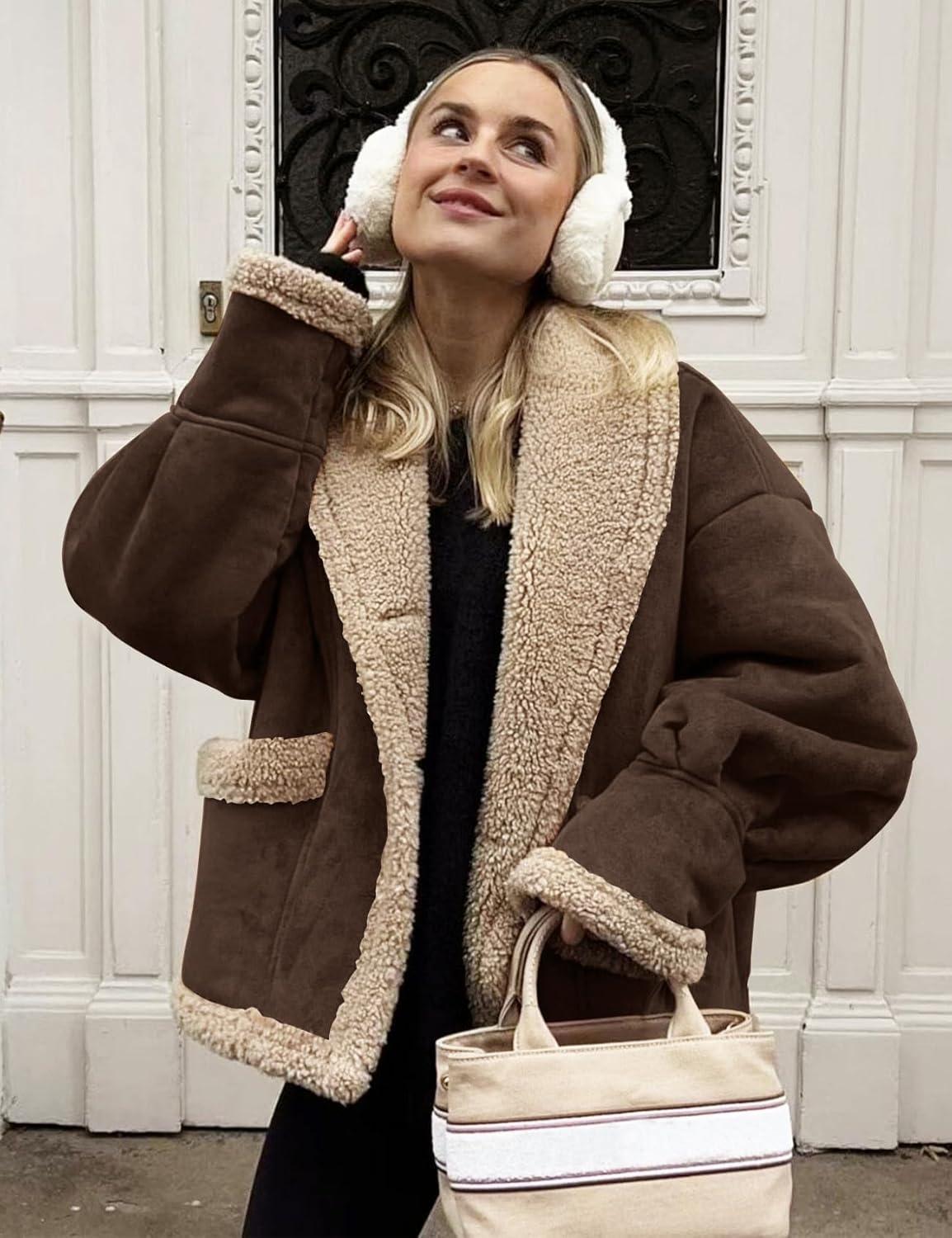 imageFlygo Womens Winter Faux Suede Jacket Sherpa Lined Jacket Button Down Lapel Fleece Jacket Winter Coats with PocketsCoffeeS