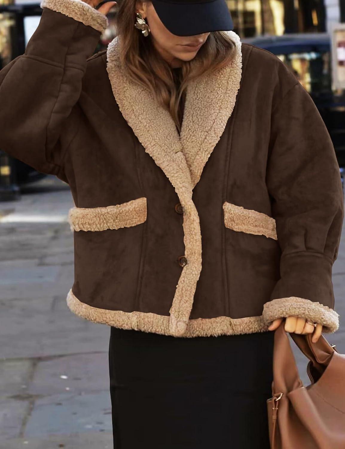imageFlygo Womens Winter Faux Suede Jacket Sherpa Lined Jacket Button Down Lapel Fleece Jacket Winter Coats with PocketsCoffeeS