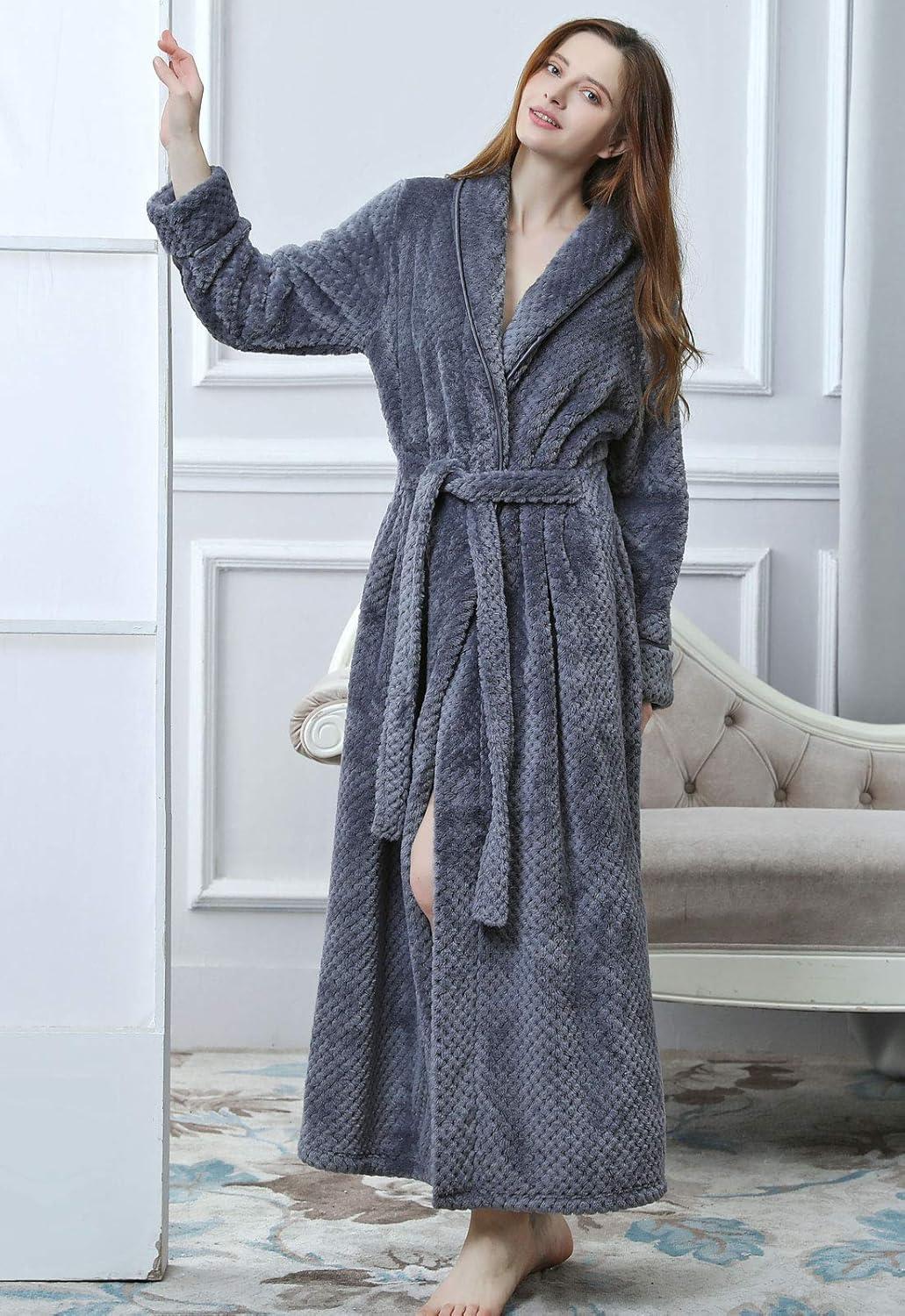 imageFlygo Womens Winter Fleece Plush Bathrobe Long Flannel Sleepwear BeltedGrey