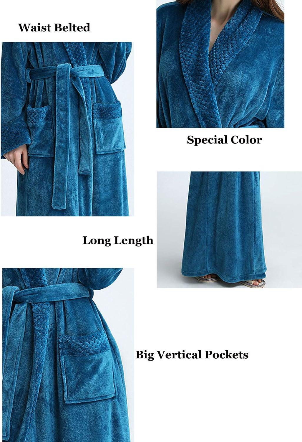 imageFlygo Womens Winter Fleece Plush Bathrobe Long Flannel Sleepwear BeltedNavy