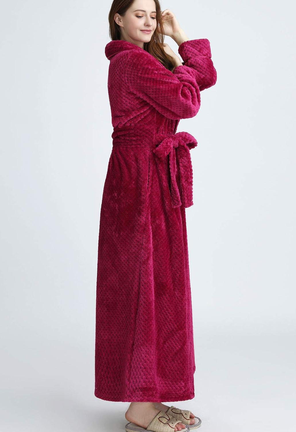 imageFlygo Womens Winter Fleece Plush Bathrobe Long Flannel Sleepwear BeltedWine Red
