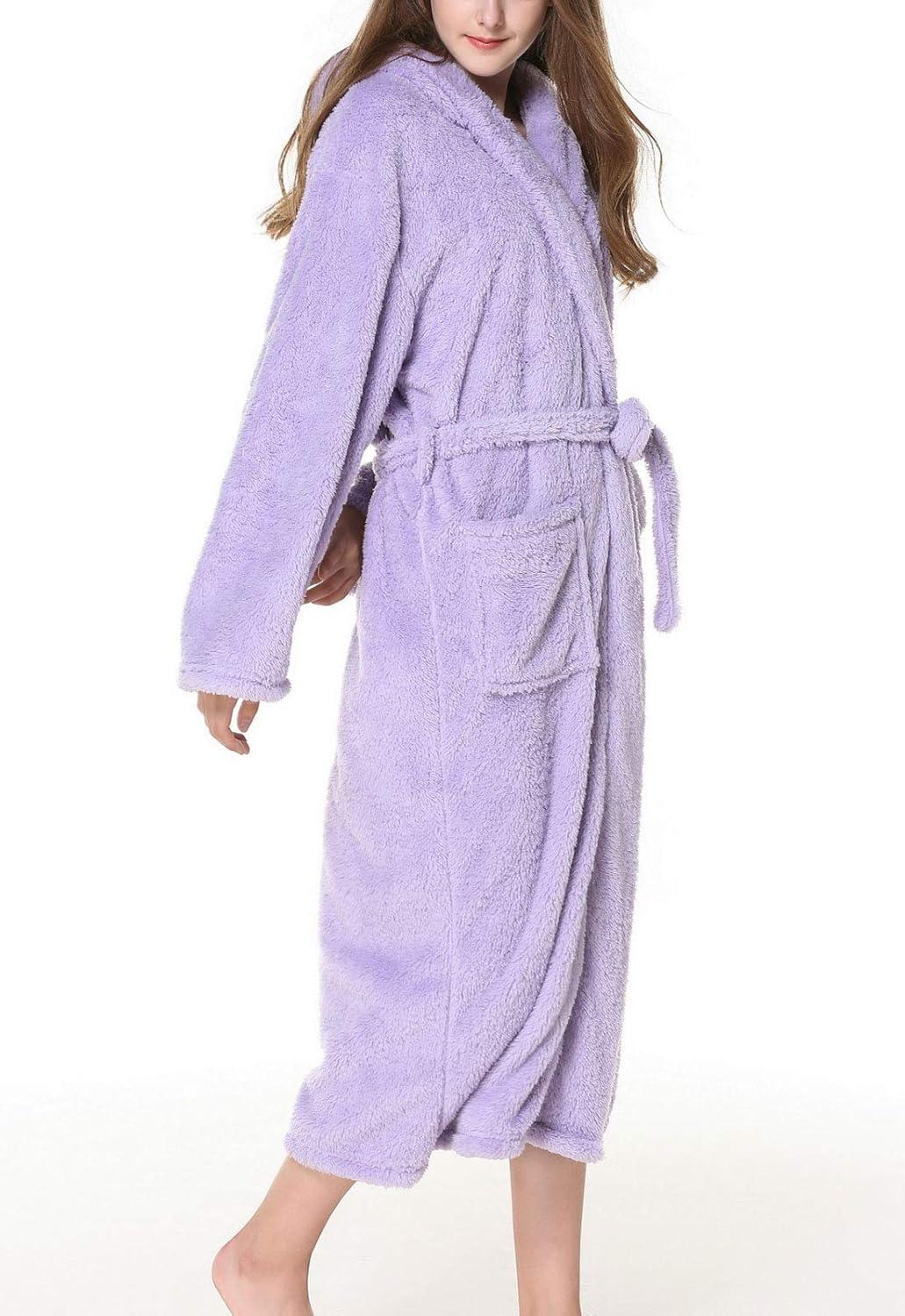 imageFlygo Womens Winter Warm Plush Flannel Long Bath Robe Sleepwear with HoodLilac