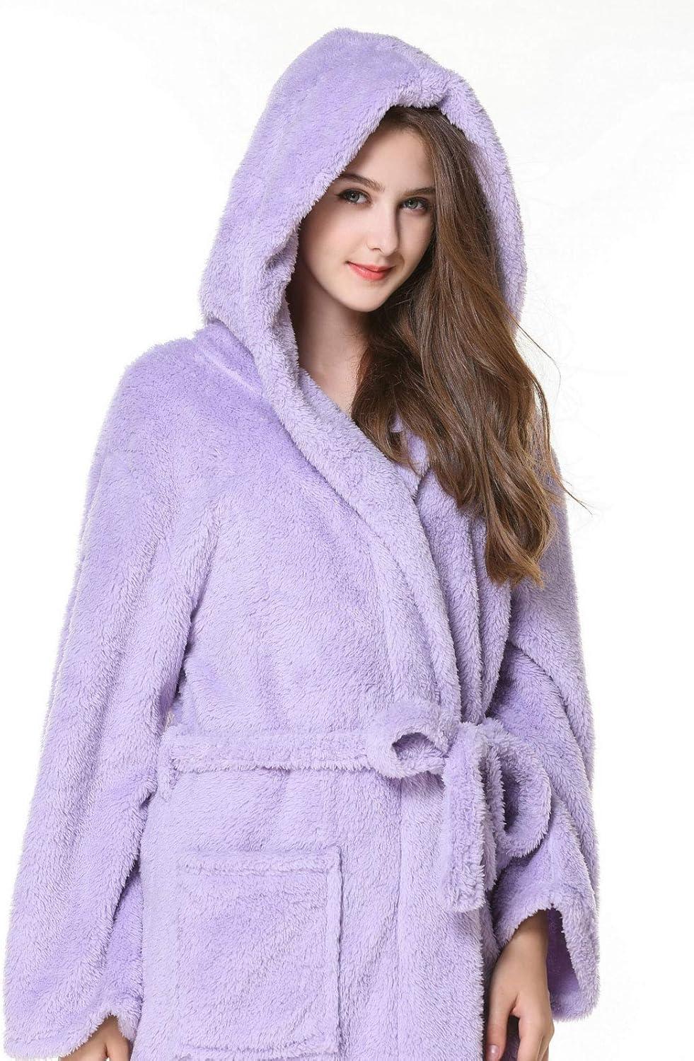 imageFlygo Womens Winter Warm Plush Flannel Long Bath Robe Sleepwear with HoodLilac