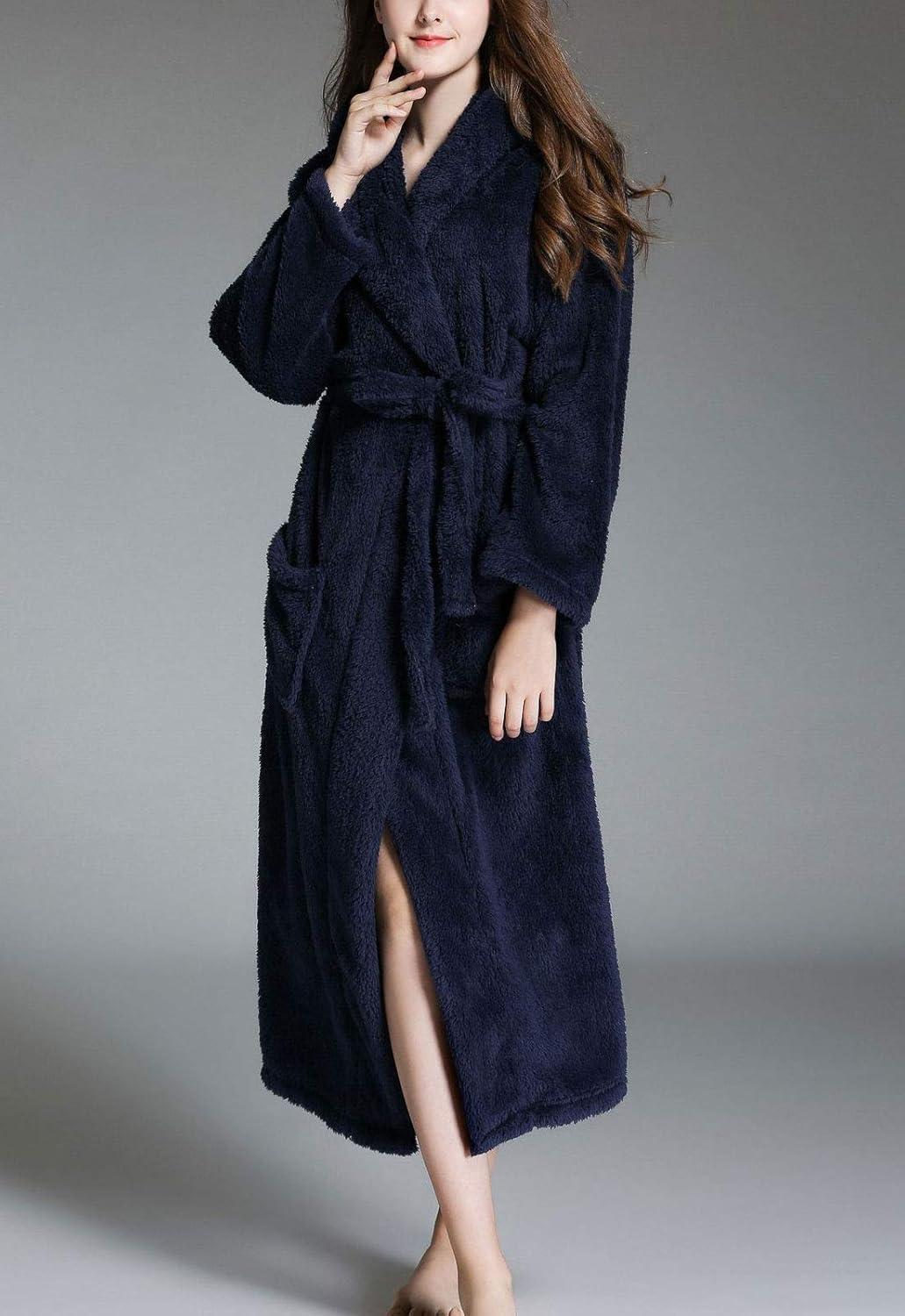 imageFlygo Womens Winter Warm Plush Flannel Long Bath Robe Sleepwear with HoodNavy