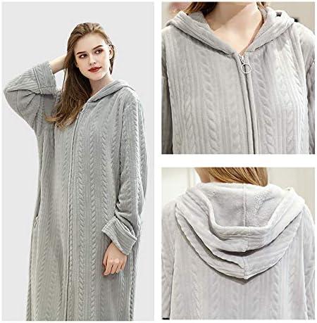 imageFlygo Womens Zip Up Hooded Bathrobe Long Plush Flannel Fleece Robe Housecoat Sleepwear Dressing GownGrey