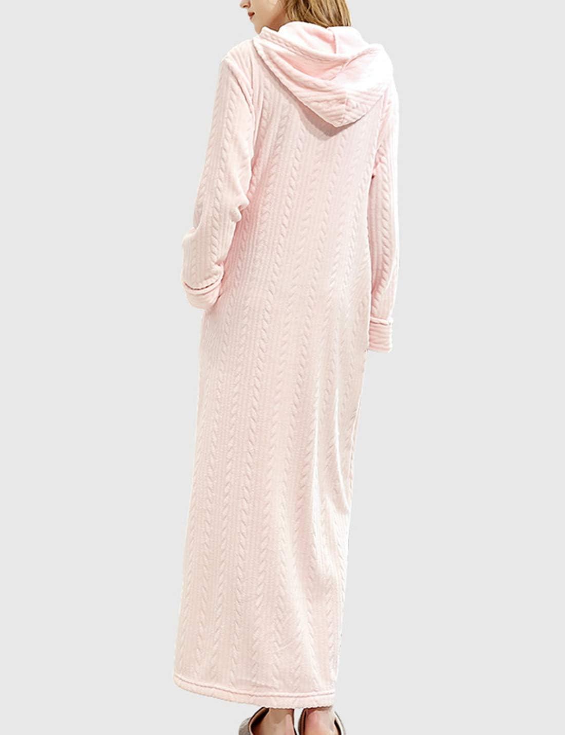 imageFlygo Womens Zip Up Hooded Bathrobe Long Plush Flannel Fleece Robe Housecoat Sleepwear Dressing GownPink