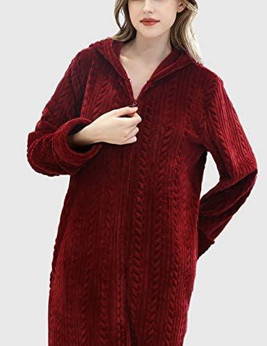 imageFlygo Womens Zip Up Hooded Bathrobe Long Plush Flannel Fleece Robe Housecoat Sleepwear Dressing GownWine Red