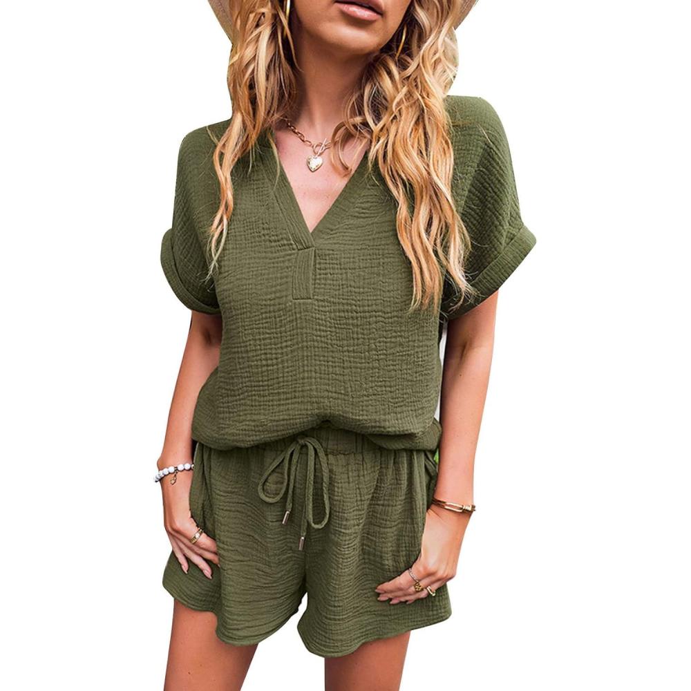 imageFlygo 2 Piece Outfits for Women Cotton Linen V Neck Short Sleeve Shirt Shorts Lounge Set with PocketsArmy Green