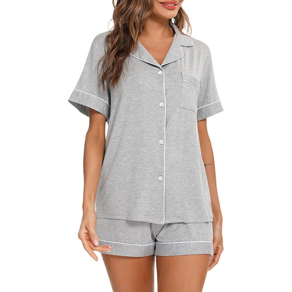 imageFlygo 2 Piece Short Nightwear Classic Short Sleeve Maternity ampamp Nursing Confinement Pajamas Pajama Set WomenGrey