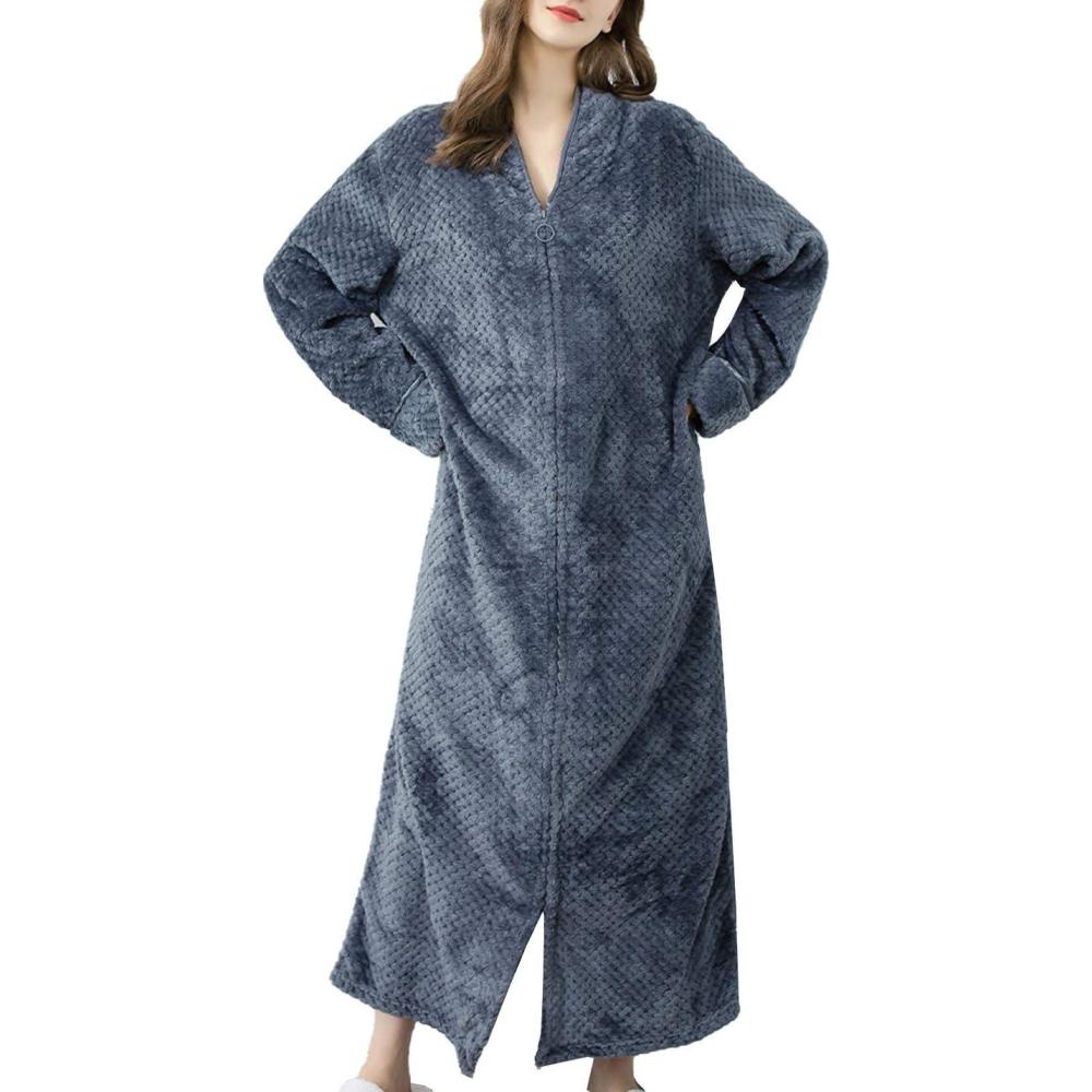 imageFlygo Adults Zip Up Warm Plush Flannel Fleece Robe Housecoat Sleepwear Dressing Gown Bathrobe for Men WomenGrey 02