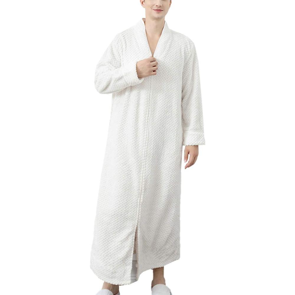 imageFlygo Adults Zip Up Warm Plush Flannel Fleece Robe Housecoat Sleepwear Dressing Gown Bathrobe for Men WomenWhite 01