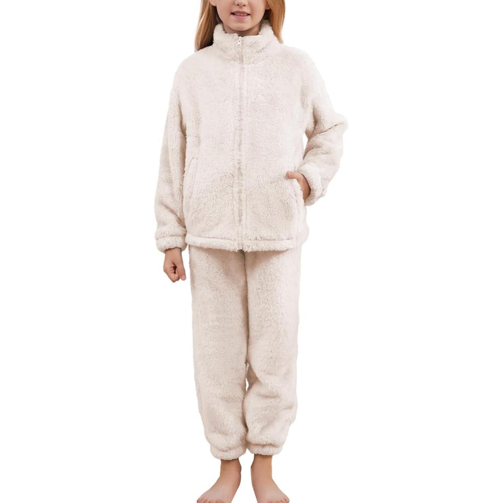 imageFlygo Girls Fuzzy Pants Sets Kid 2 Piece Winter Fleece Outfits Stand Collar Zip Up Sweatshirts Fluffy Sweatpants with PocketsBeige