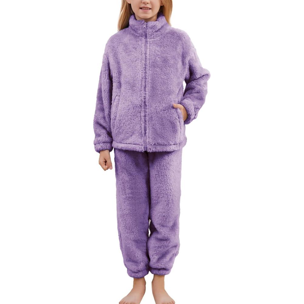 imageFlygo Girls Fuzzy Pants Sets Kid 2 Piece Winter Fleece Outfits Stand Collar Zip Up Sweatshirts Fluffy Sweatpants with PocketsPurple