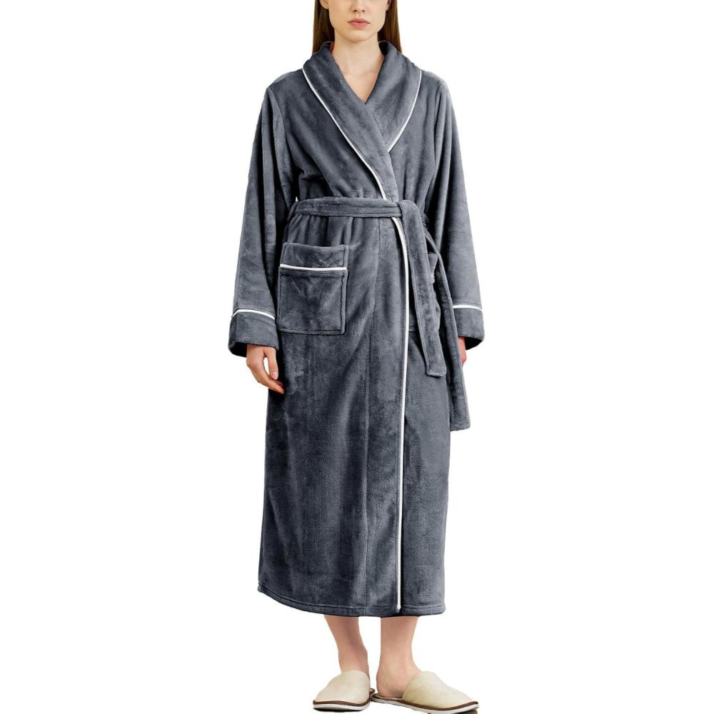 imageFlygo Long Robes for Women Plush Fleece Bathrobes Warm Winter Flannel Fluffy Bath Robe Sleepwear Housecoat Full LengthGrey