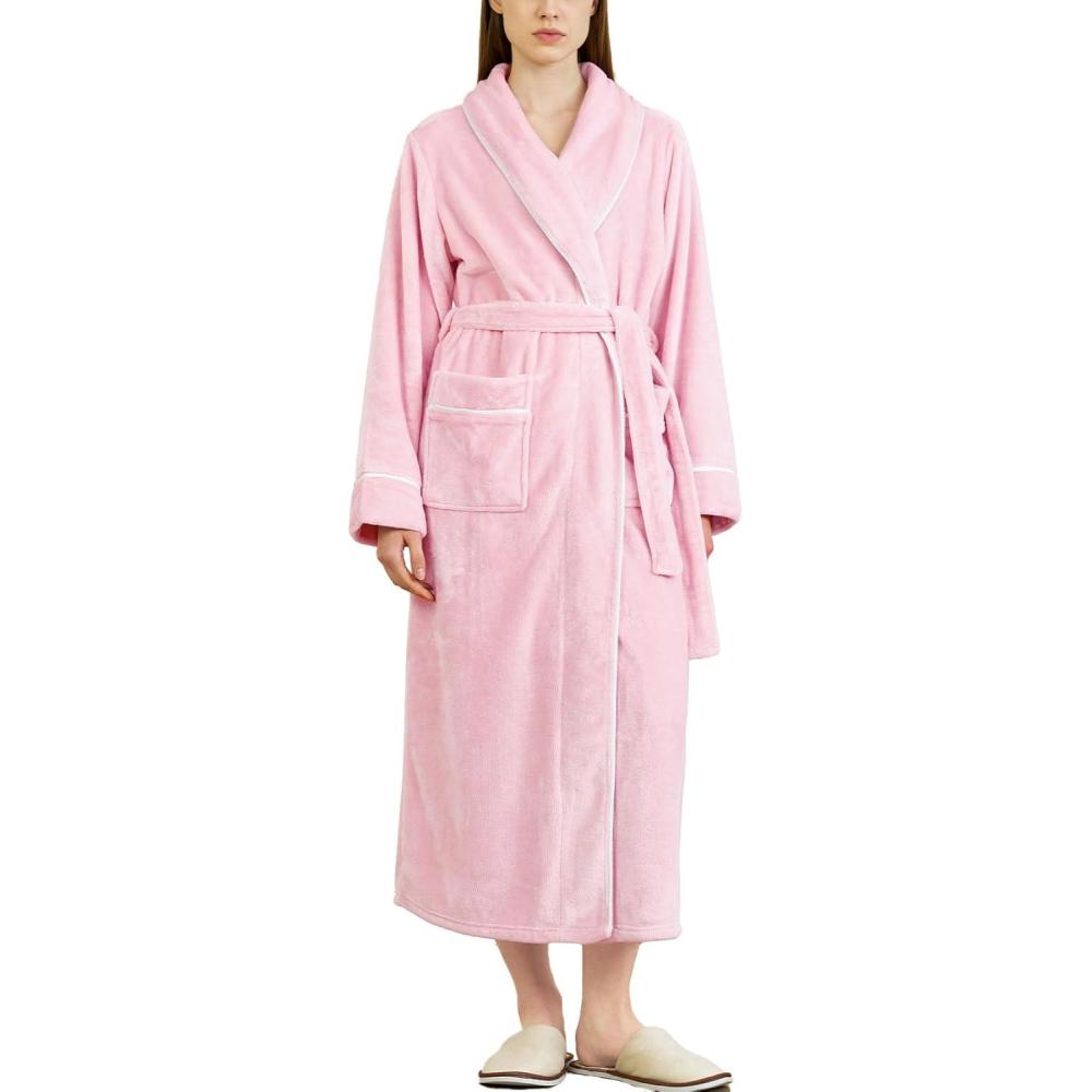 imageFlygo Long Robes for Women Plush Fleece Bathrobes Warm Winter Flannel Fluffy Bath Robe Sleepwear Housecoat Full LengthPink