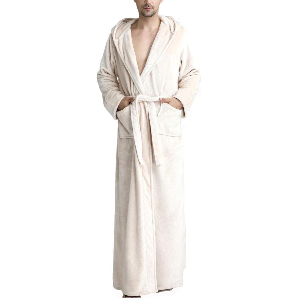 imageFlygo Mens Plush Fleece Robe with Shawl Collar Soft Warm Lightweight Hooded Spa Bath RobeBeige