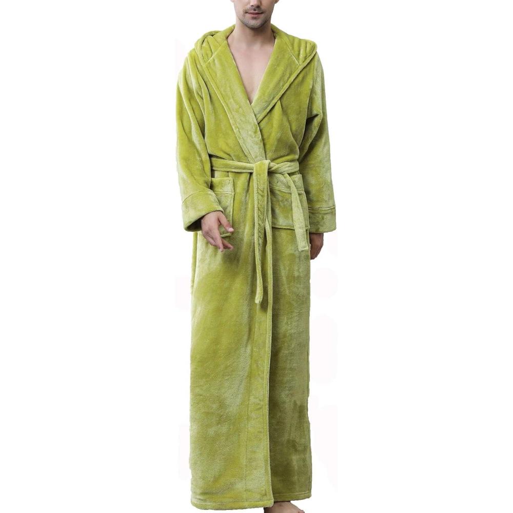 imageFlygo Mens Plush Fleece Robe with Shawl Collar Soft Warm Lightweight Hooded Spa Bath RobeGreen