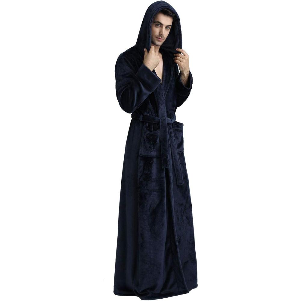 imageFlygo Mens Plush Fleece Robe with Shawl Collar Soft Warm Lightweight Hooded Spa Bath RobeNavy