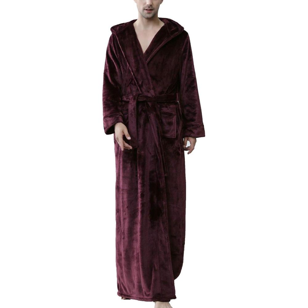 imageFlygo Mens Plush Fleece Robe with Shawl Collar Soft Warm Lightweight Hooded Spa Bath RobeWine Red