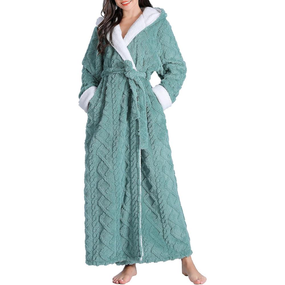 imageFlygo Plush Fleece Robe for Women Soft Warm Full Length Long Hooded Bathrobe with Hood Luxury Warm Housecoats02 Green