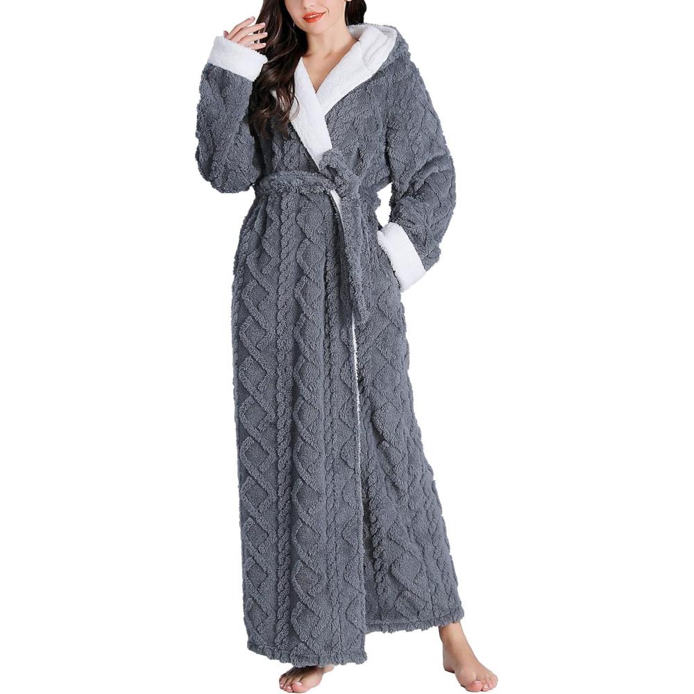 imageFlygo Plush Fleece Robe for Women Soft Warm Full Length Long Hooded Bathrobe with Hood Luxury Warm Housecoats02 Grey