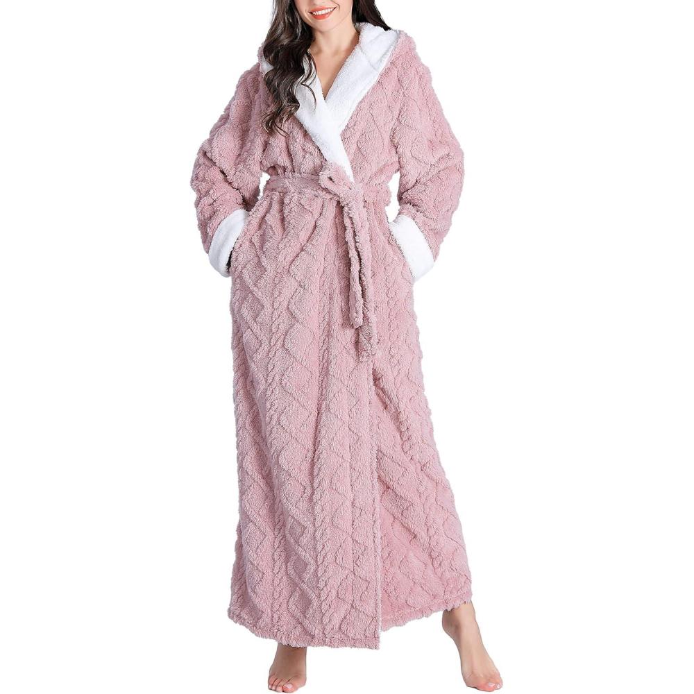 imageFlygo Plush Fleece Robe for Women Soft Warm Full Length Long Hooded Bathrobe with Hood Luxury Warm Housecoats02 Pink