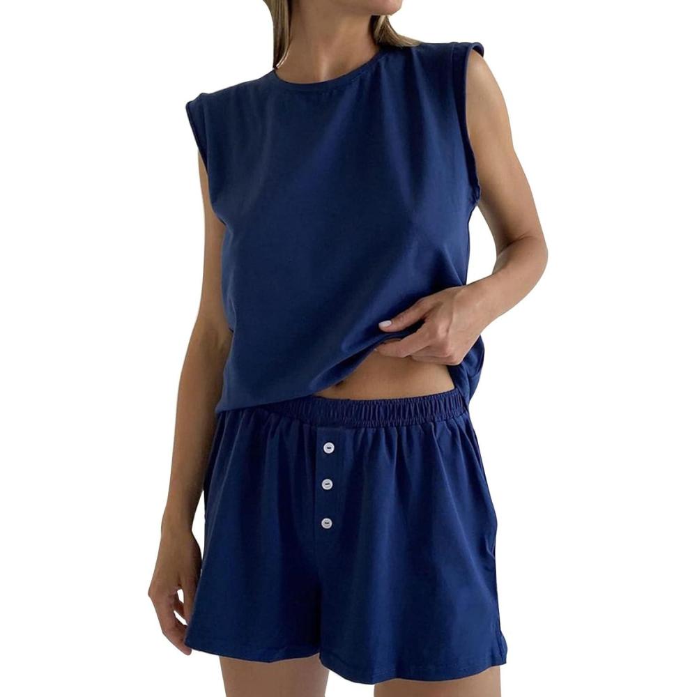 imageFlygo Women 2 Piece Outfits Crew Neck Tank Top Elastic Shorts Pajama SetsDark Blue