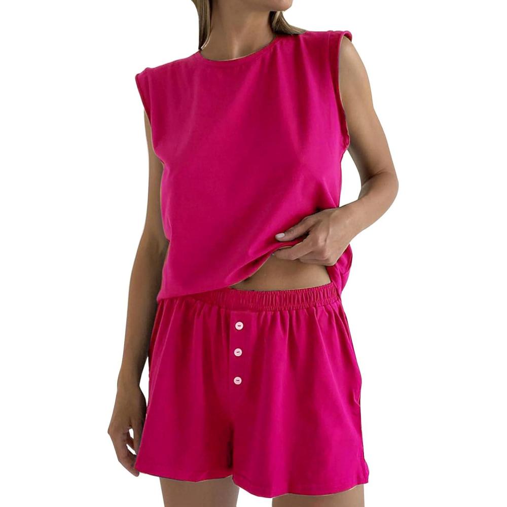 imageFlygo Women 2 Piece Outfits Crew Neck Tank Top Elastic Shorts Pajama SetsFuchsia