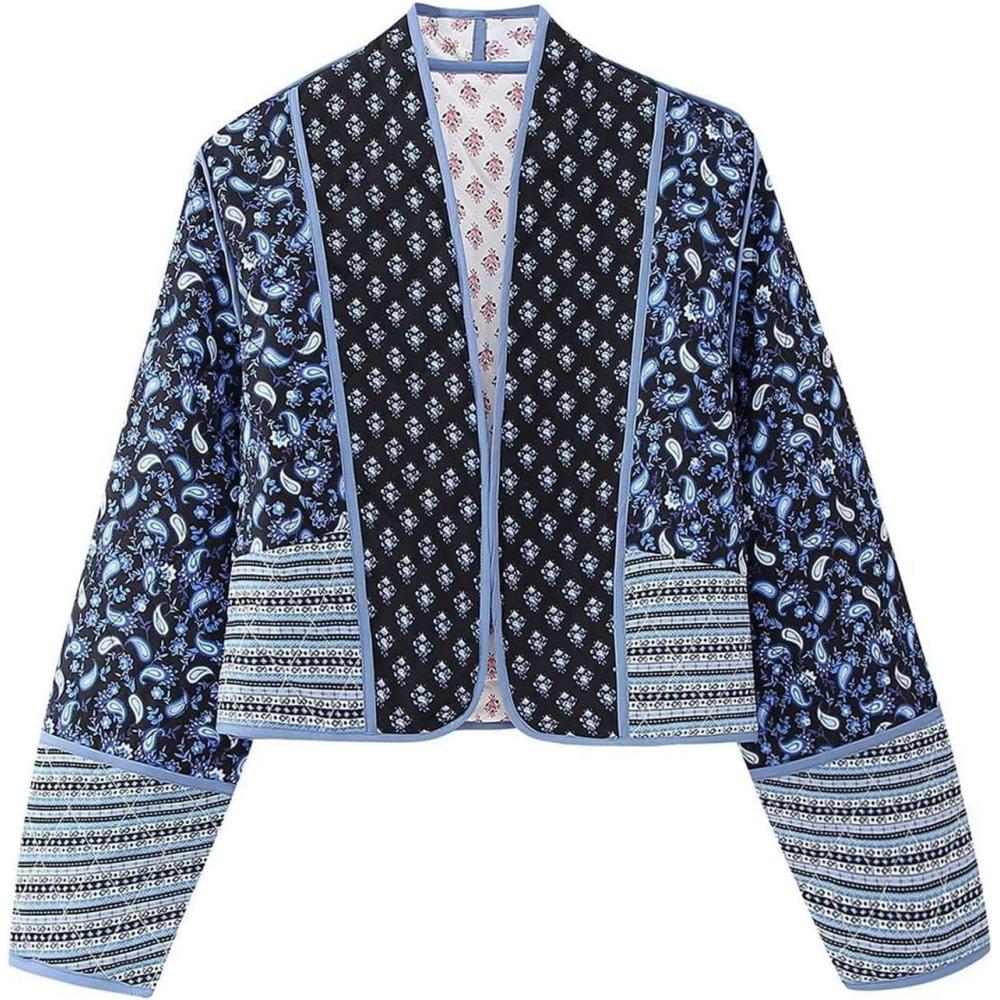 imageFlygo Women Cropped Puffer Jacket Cardigan Floral Printed Quilted Coats Lightweight Open Front Crop Padded Down Jackets01 Black