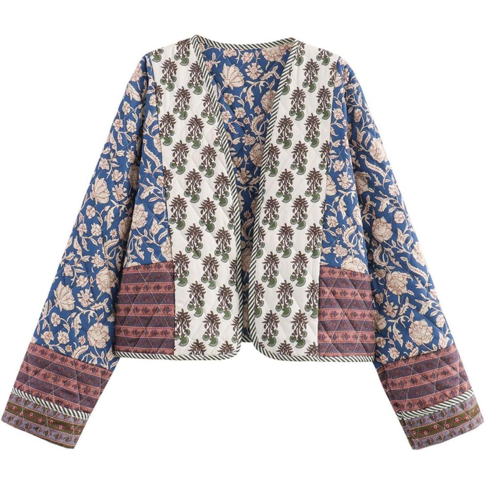 imageFlygo Women Cropped Puffer Jacket Cardigan Floral Printed Quilted Coats Lightweight Open Front Crop Padded Down Jackets01 Blue